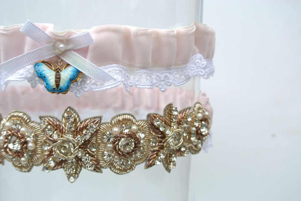 Custom Garter Spotlight: Kayla Shudy's Vintage Blue Butterfly Heirloom La Gartier Wedding Garters Custom Garter Spotlight: Kayla Shudy's Vintage Blue Butterfly Heirloom La Gartier Wedding Garters